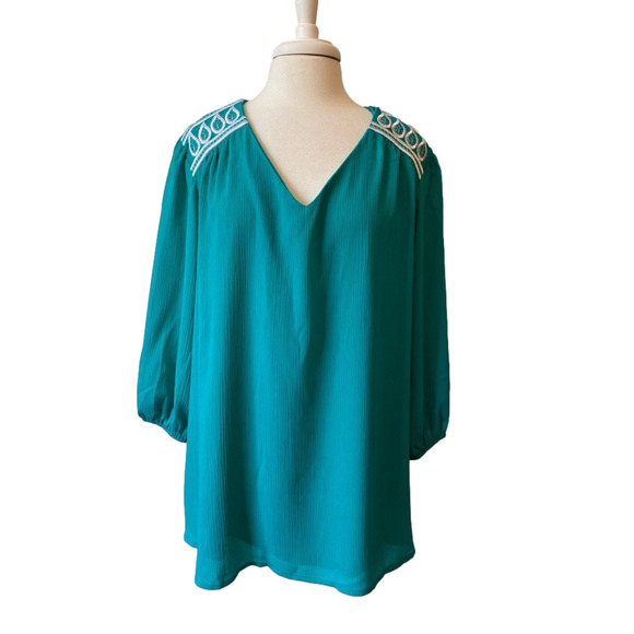 Bob Mackie NWT Art to Wear Metallic Embroidered Floral Sheer Ribbed Blouse 28W - Picture 1 of 13